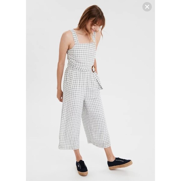 American Eagle White Linen Plaid Jumpsuit - Picture 3 of 11